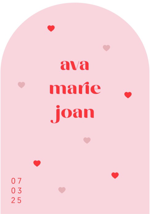 Geboortekaartje in boogvorm, lichtroze met hartjes van reliëf