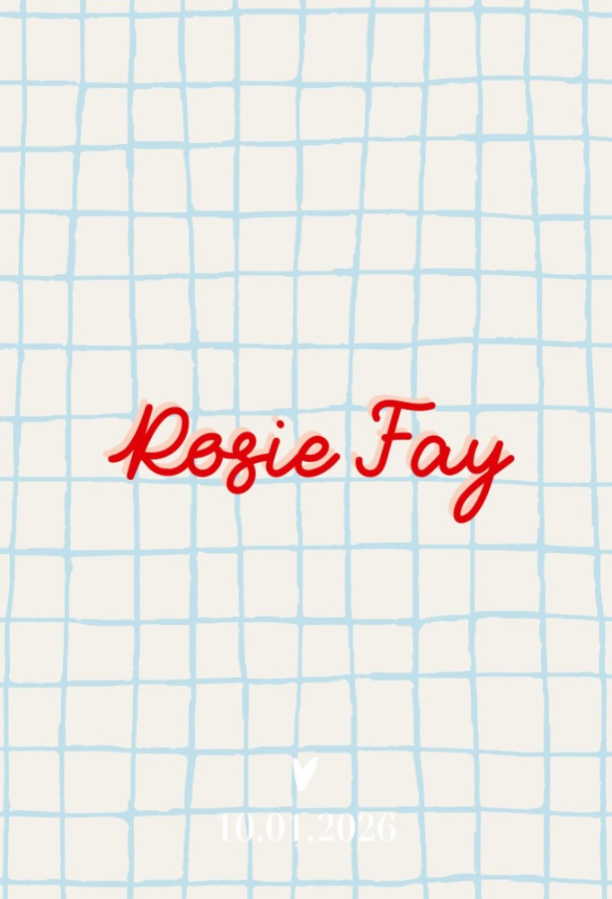 Lief en modern geboortekaartje met handgetekend ruitpatroon en speelse typografie.