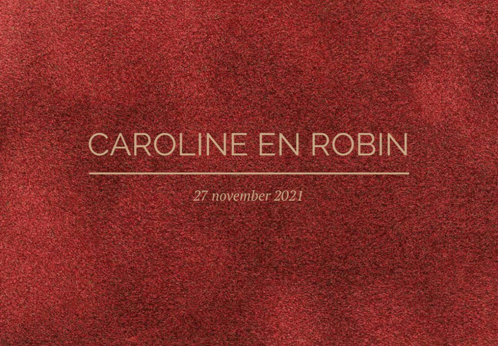 Herfst trouwkaart op steenrood velvet met goudfolie