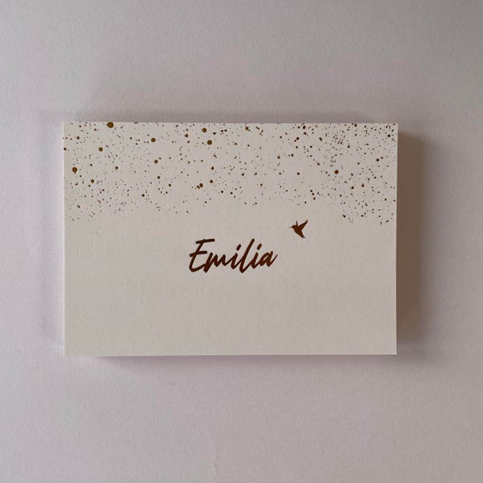 Uniek geboortekaartje in poeder perzikroze vogeltje in folie