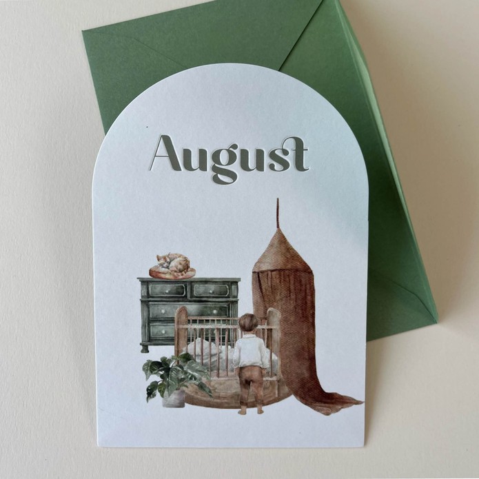 Geboortekaartje August – met nostalgische illustratie en moderne boogvorm