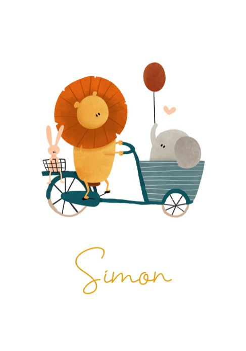 Geboortekaartje bakfiets met dieren, giraffe, olifant en konijn
