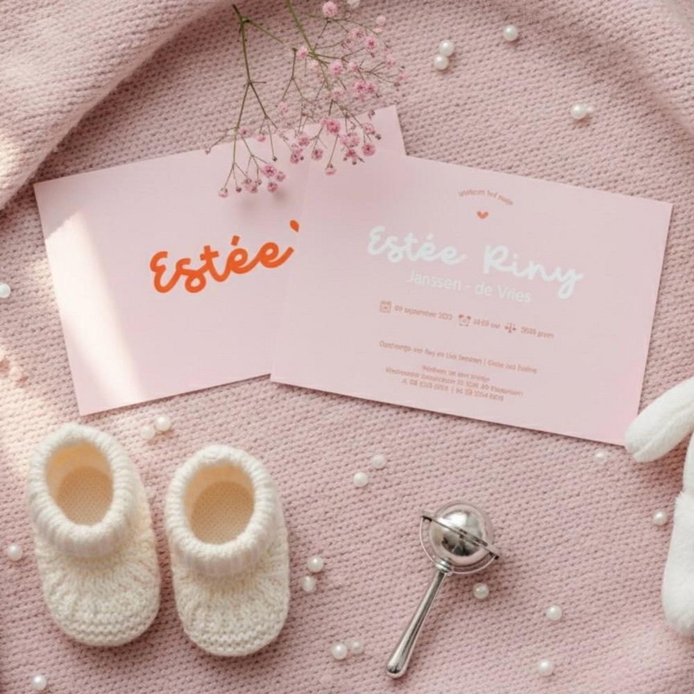 Geboortekaartje Estée. Lief roze kaartje met neon koraal naam en hartje