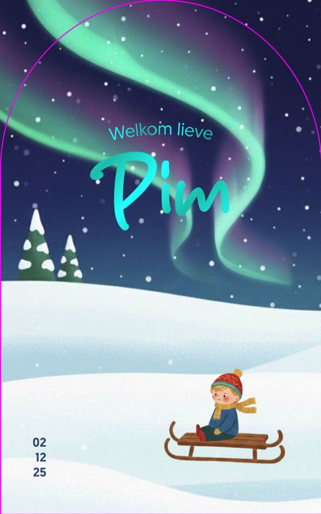 Geboortekaartje met noorderlicht & winterlandschap