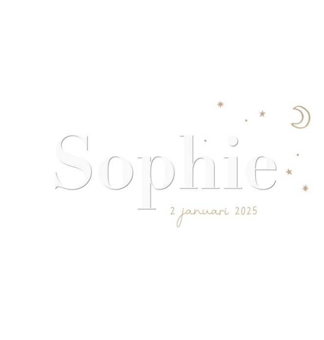 minimalistisch geboortekaartje met sterren en maan. De naam van Sophie is in reliëfdruk verhoogd gedrukt.
