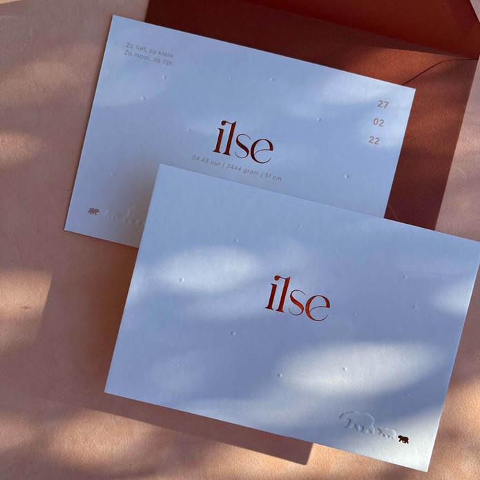 Luxe geboortekaartje meisje met ijsbeertjes uit het papier gedrukt en koperfolie