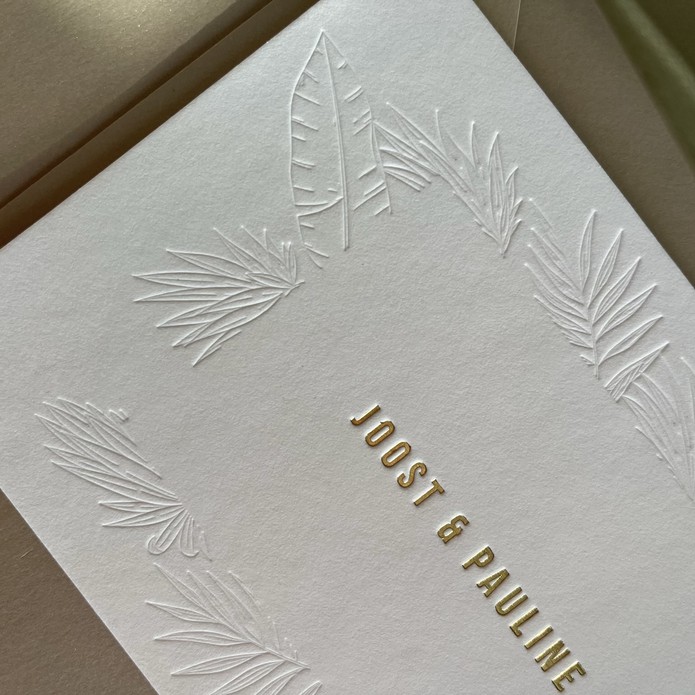 Bohemian trouwkaart bladeren en goudfolie