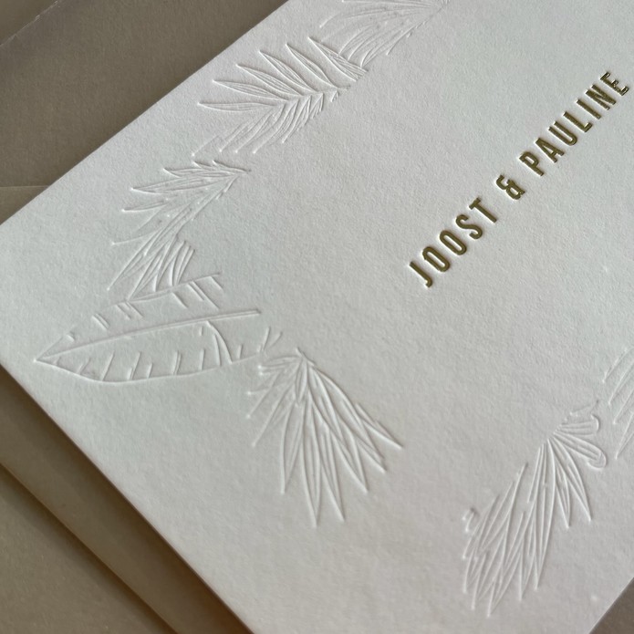 Bohemian trouwkaart bladeren en goudfolie