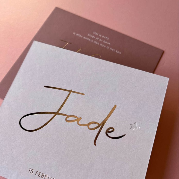 Lief geboortekaartje in poederroze roségoud met vogeltje