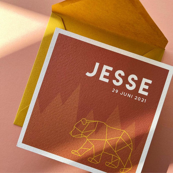 Geboortekaartje met geometrische beer en bergen