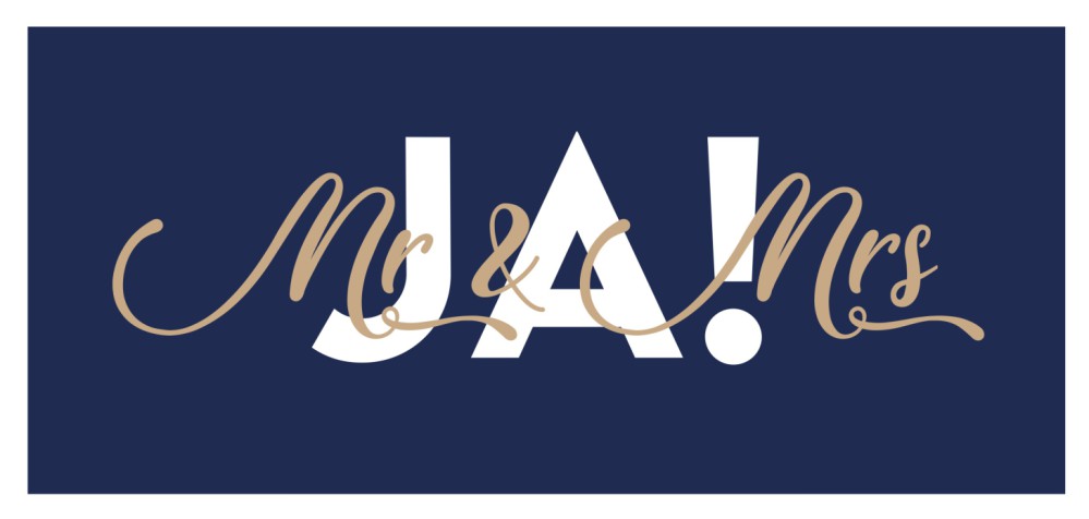 Trouwkaart donkerblauw met goudfolie en icoontjes