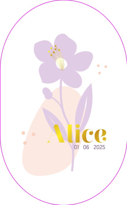 Ovaal kapvorm geboortekaartje met bloemetjes in zachte tinten en goudfolie