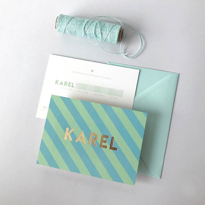 Speciaal geboortekaartje jongen met strepen groen blauw