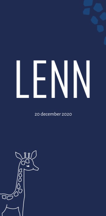 Langwerpig donkerblauw enkel geboortekaartje met giraffe