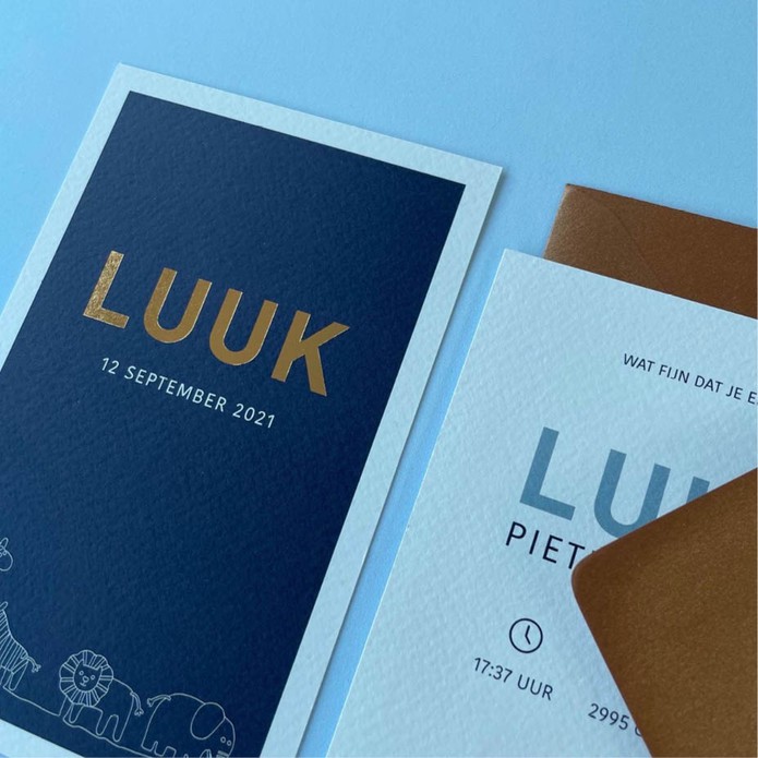 Jongens geboortekaartje donkerblauw dieren op een rij