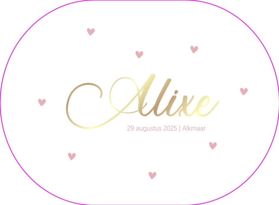 Ovaal geboortekaartje met lila roze hartjes en gouden naam voor Alixe