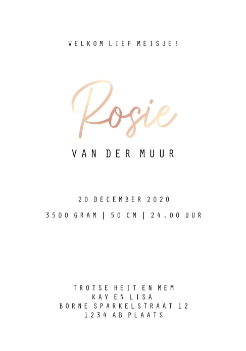 Minimalistisch geboortekaartje letterpress en foliedruk unisex