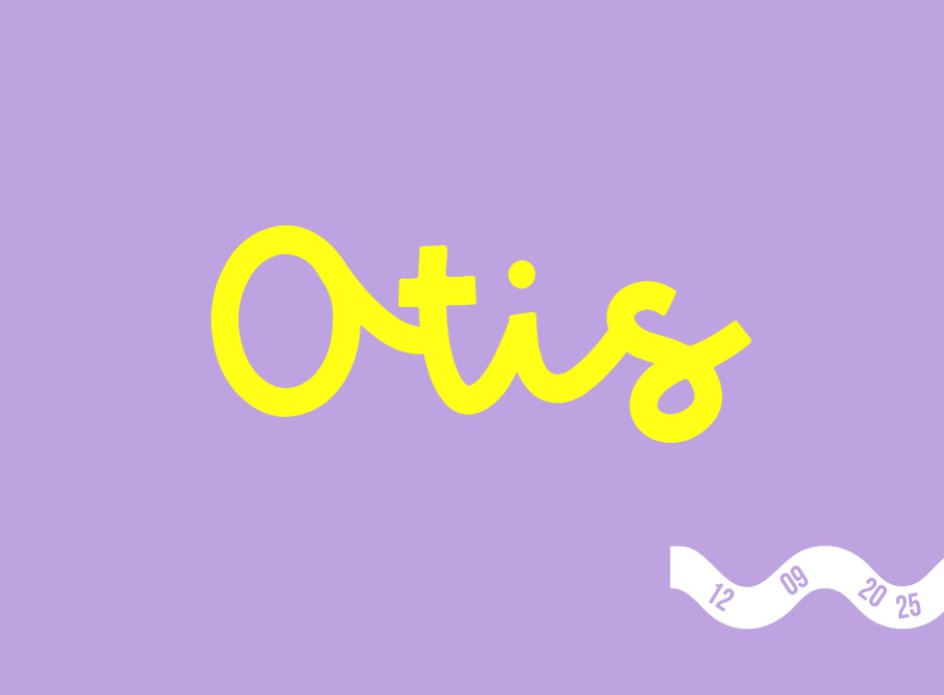 Vrolijk paars geboortekaartje met felgele naam in speels design – Otis