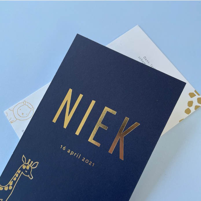 Geboortekaartje donkerblauw met giraffe en leeuwtje