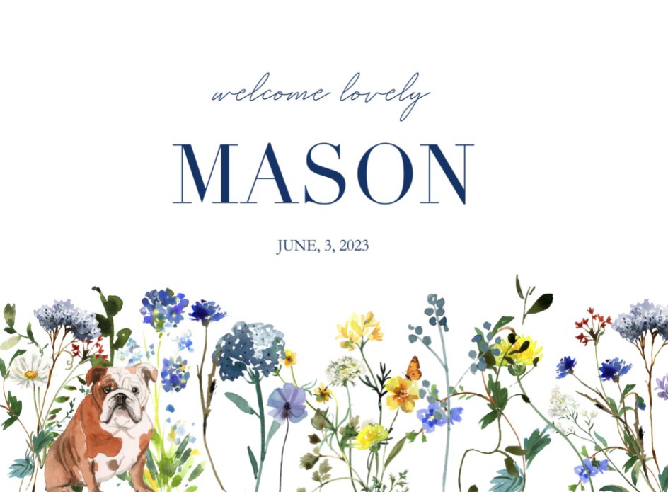 Romantisch geboortekaartje bloemen jongen blauw