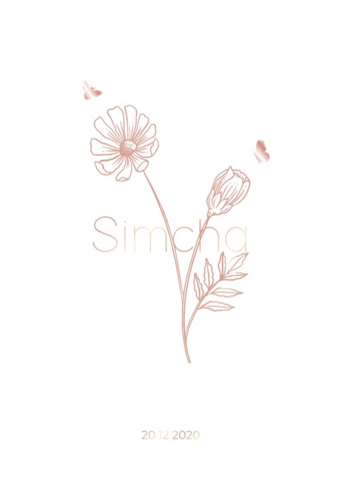 Rustig geboortekaartje met oudroze bloem en roségoud folie