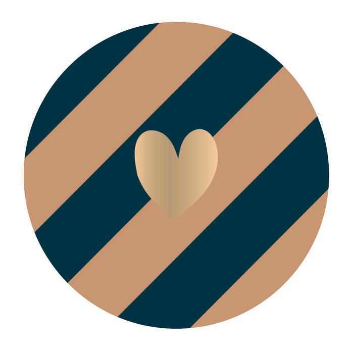 Sluitsticker gestreept petrol - taupe, goud hartje