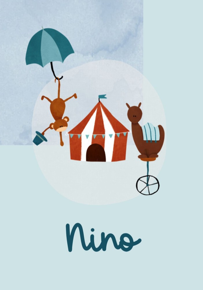 Speels illustratief geboortekaartje met circusdieren, tent en paraplu.