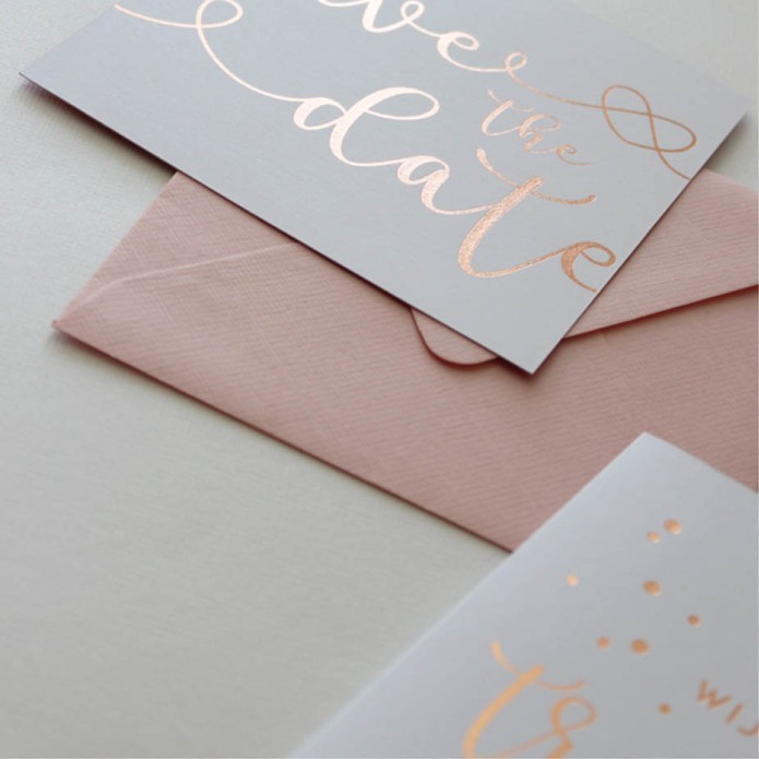 Luxe save the date kaart vierkant met rosé goudfolie