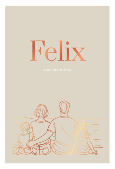 Stoer dubbel geboortekaartje met een illustratie van jullie gezin in koperfolie