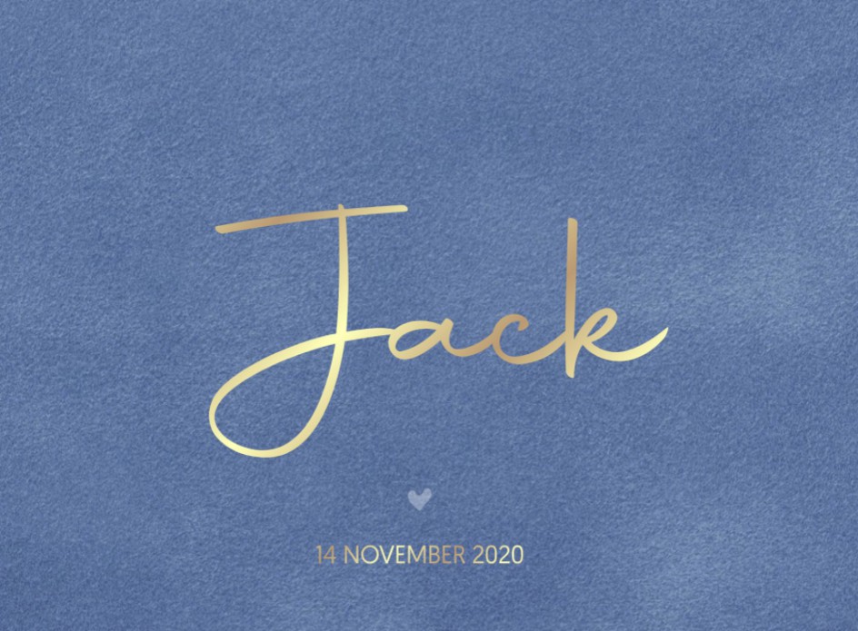 Stoer geboortekaartje op velours voor jongen lichtblauw