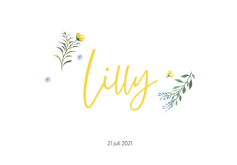 Meisjes geboortekaartje met bloemetjes geel lavendel