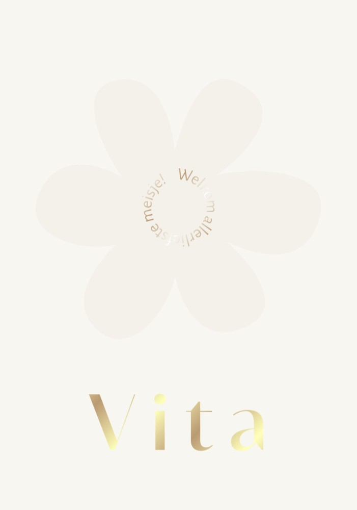 Zacht en luxe geboortekaartje met bloem en goudfolie