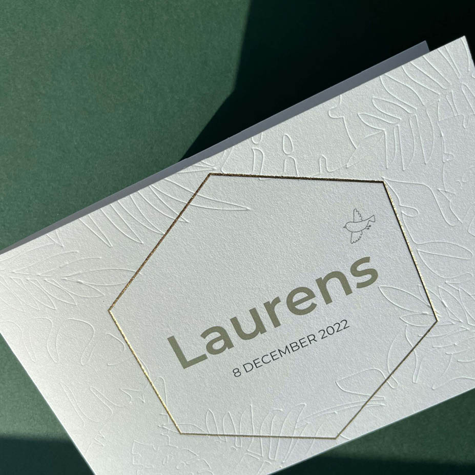 Gmund 300gr + goudfolie en reliëfdruk | origineel kaartje Tobias