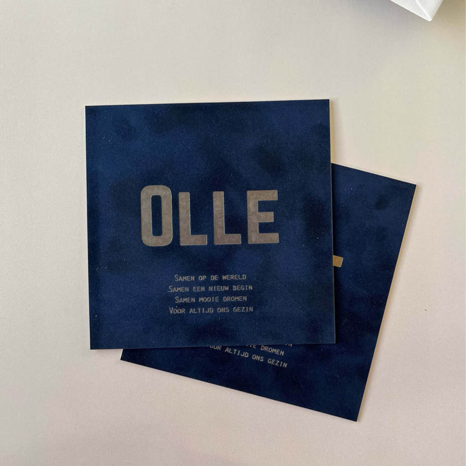 Velvet donkerblauw + parelmoer folie | origineel kaartje Moos